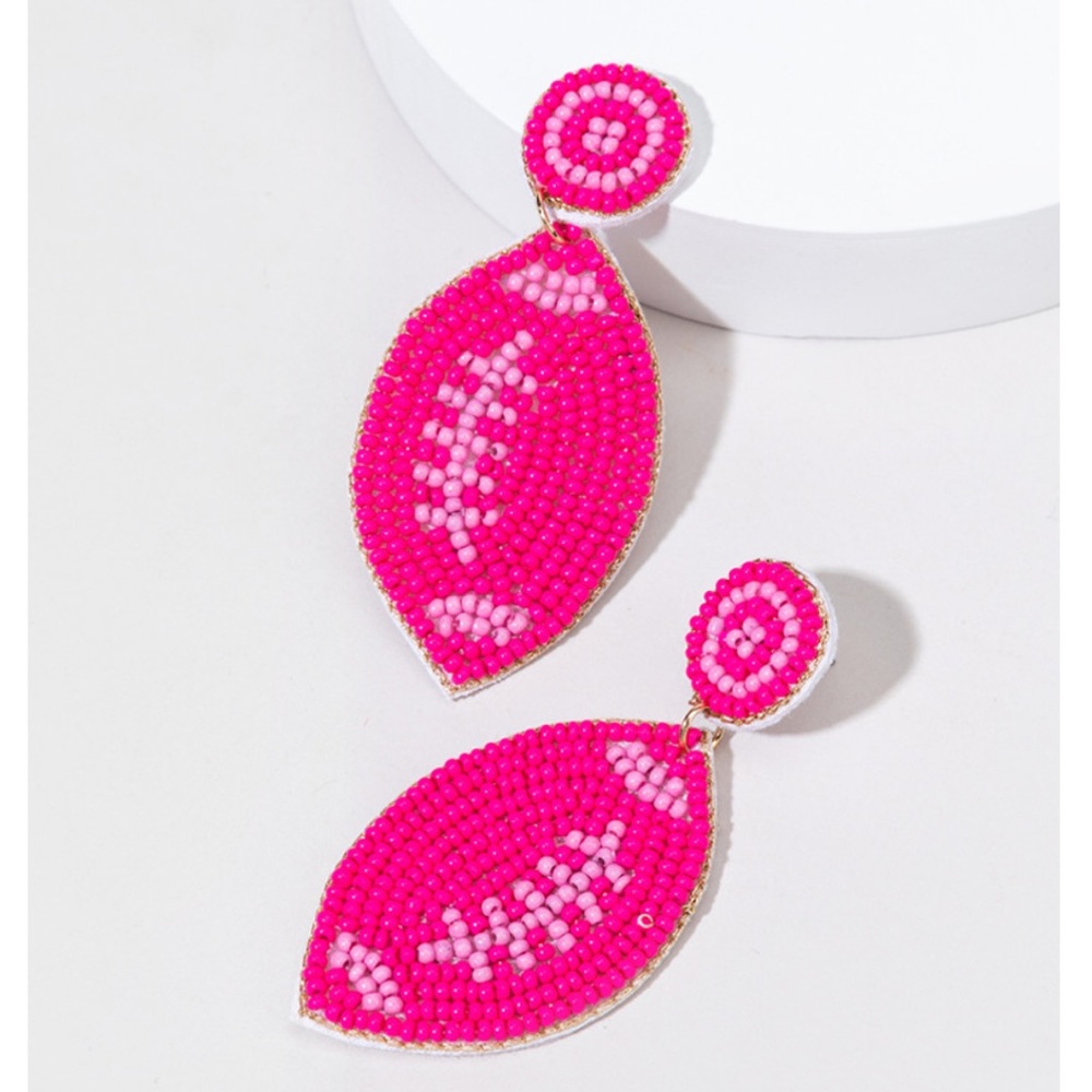Pink Beaded Football Earrings